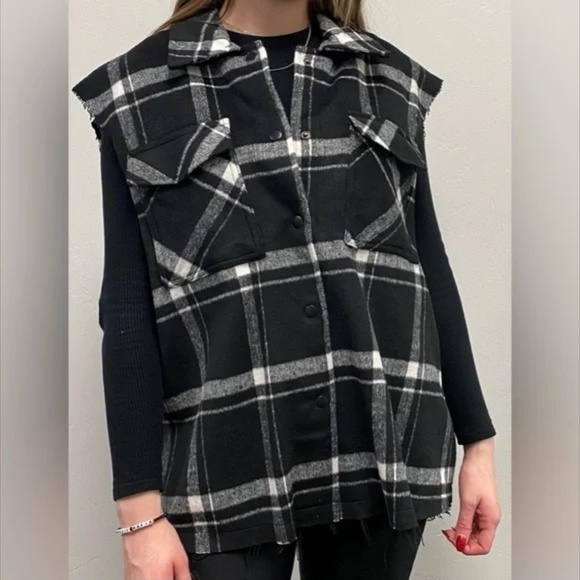 OAT New York Hunter Plaid Wool Blend Vest w/Frayed Edges Black, White Size M - Picture 2 of 14